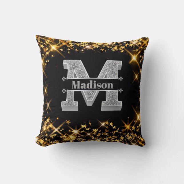 Personalized M Initial Silver Monogram Your Name Throw Pillow (Front)