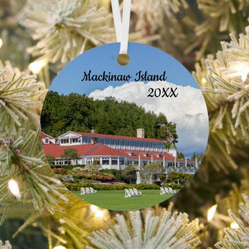 Personalized Mackinaw Island Hotel Christmas Metal Ornament