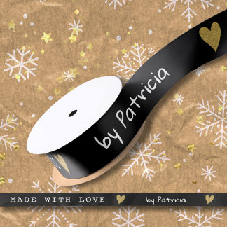 Personalized Made With Love Black And Gold Heart Satin Ribbon