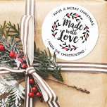 Personalized Made With Love Christmas Classic Round Sticker<br><div class="desc">A personalized "made with love" sticker on a white background. Features a pretty berry wreath and the words "made with love" in an elegant script font.  A pretty finishing touch for all of your handmade gifts. Designed for you by Blackberry Boulevard.</div>