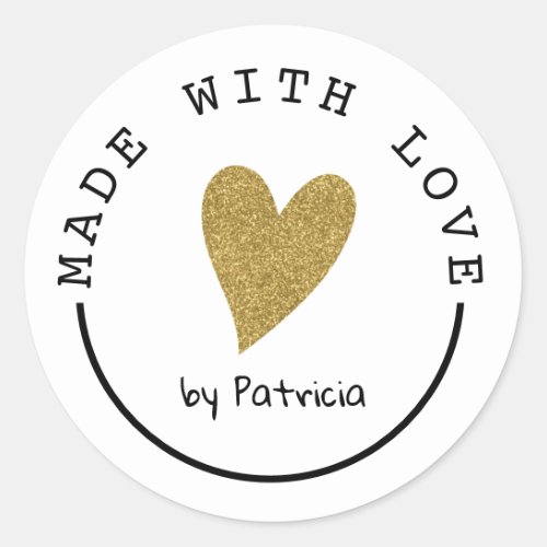 Personalized Made With Love Heart Gold Glitter Classic Round Sticker