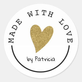 Personalized Made With Love Heart Gold Glitter Classic Round Sticker