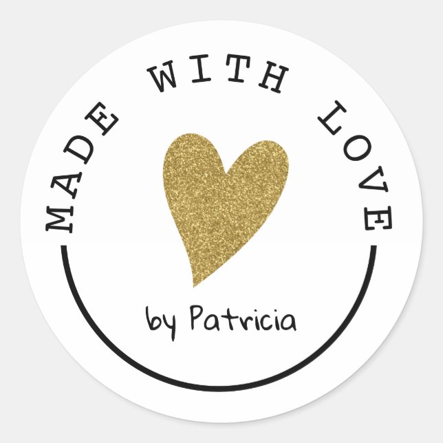 Personalized Made With Love Heart Gold Glitter Classic Round Sticker (Front)