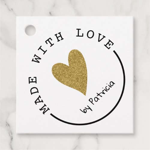 Personalized Made With Love Heart Gold Glitter Favor Tags
