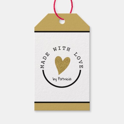 Personalized Made With Love Heart Gold Glitter Gift Tags