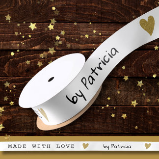 Personalized Made With Love Heart Gold Glitter Satin Ribbon