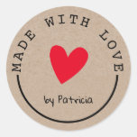 Personalized Made With Love Red Heart Kraft Classic Round Sticker