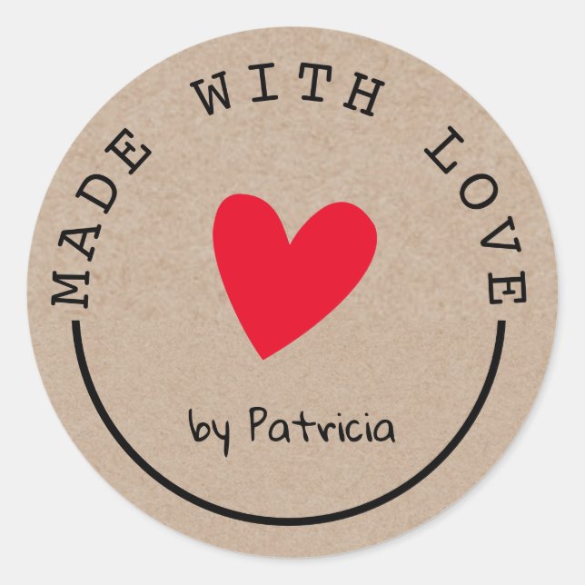 Personalized Made With Love Red Heart Kraft Classic Round Sticker (Front)