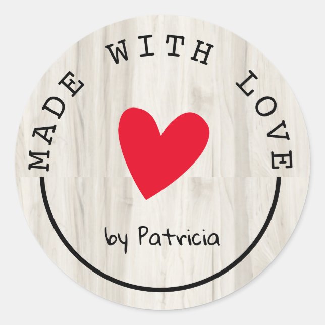 Personalized Made With Love Red Heart Light Wood Classic Round Sticker (Front)