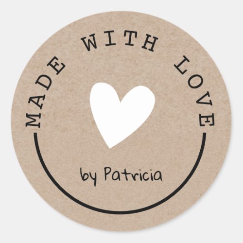 Personalized Made With Love White Heart Kraft  Classic Round Sticker