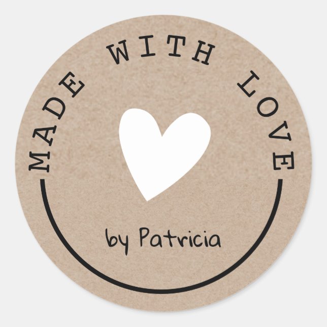 Personalized Made With Love White Heart Kraft  Classic Round Sticker (Front)