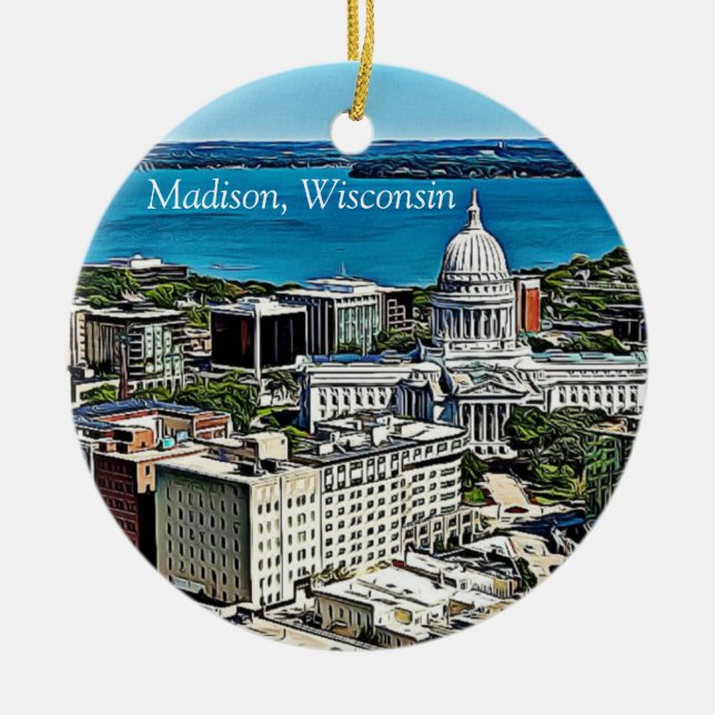 Personalized Madison, Wisconsin Cheese Head Ceramic Ornament (Front)