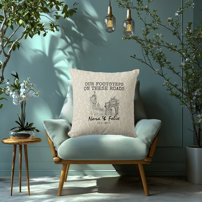 Personalized Madrid Skyline Textured Leaf Pattern Throw Pillow (Creator Uploaded)