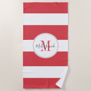 Personalized Magenta Pink White Stripes Script Beach Towel