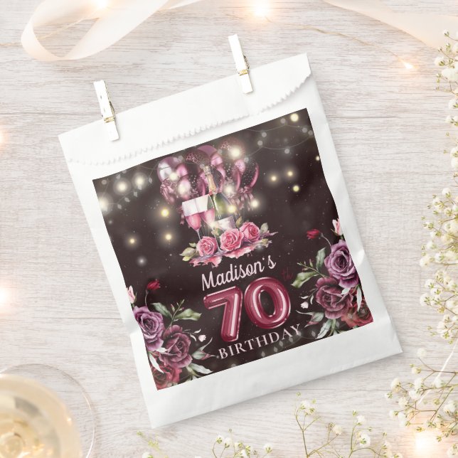 Personalized Magenta Wine 70th Birthday Favor Bag (Clipped)