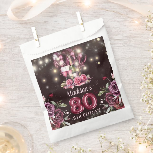 Personalized Magenta Wine 80th Birthday Favor Bag (Clipped)