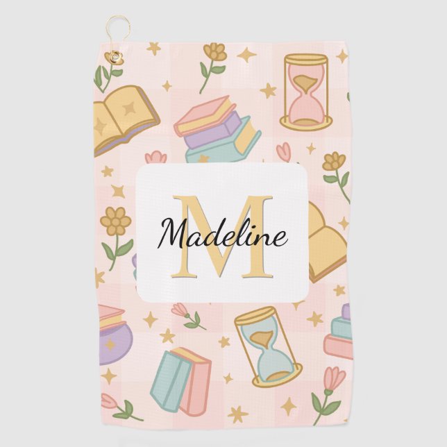 Personalized Magic Books Girl School Pink Golf Towel (Front)
