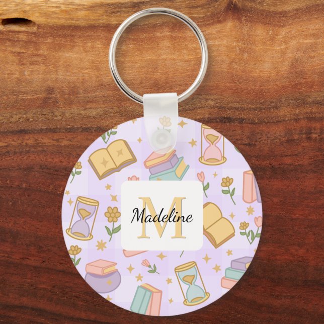 Personalized Magic Books Girl Wizard Name Purple  Keychain (Front)