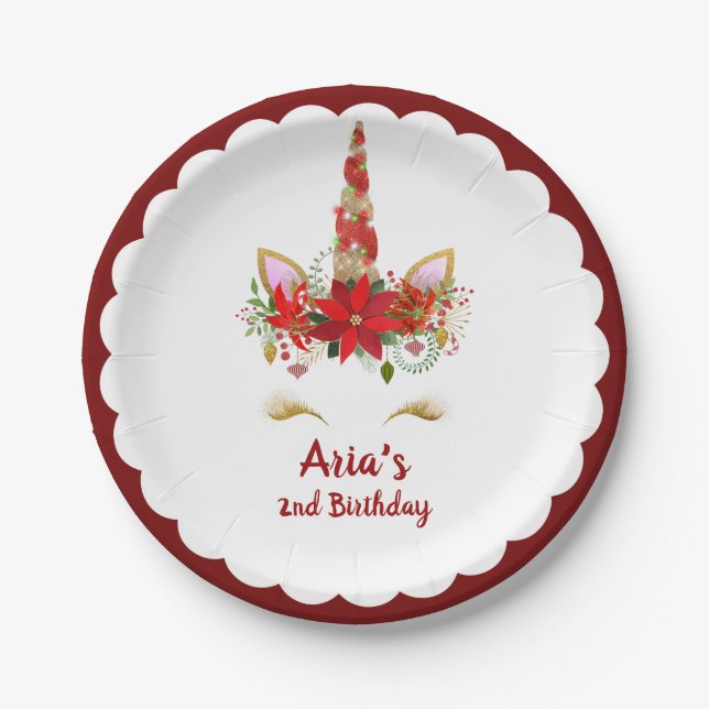 Personalized Magical Christmas Unicorn Birthday Paper Plates (Front)