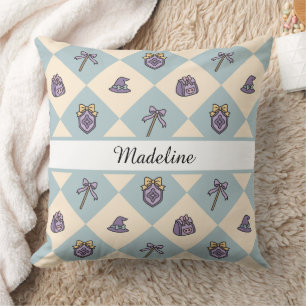 Personalized Magical Girl Name Blue Checkered Throw Pillow