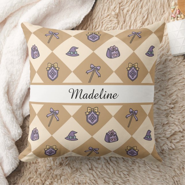 Personalized Magical Girl Name Gold Checkered Throw Pillow (Blanket)