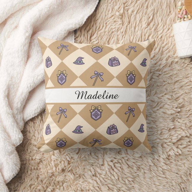 Personalized Magical Girl Name Gold Checkered Throw Pillow (Blanket)