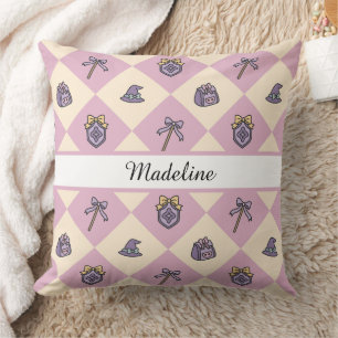 Personalized Magical Girl Name Pink Checkered Throw Pillow