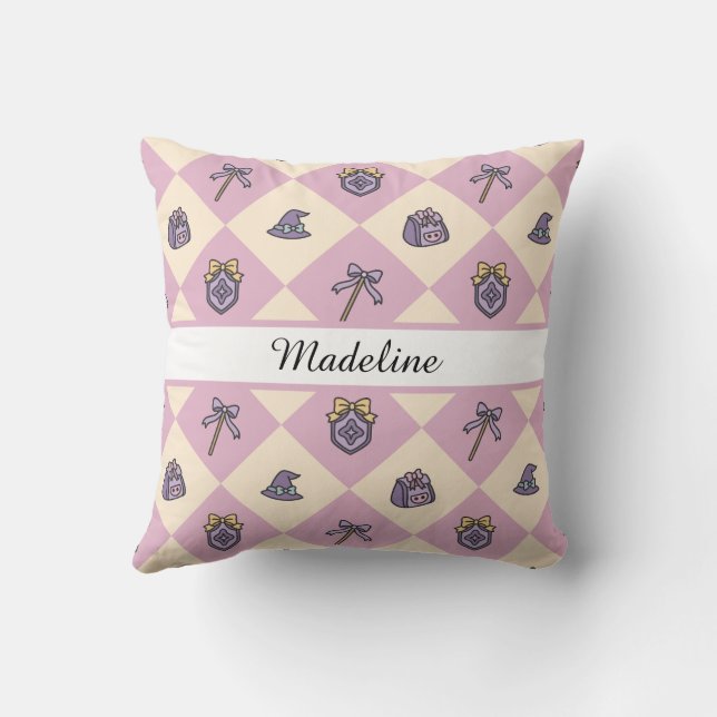 Personalized Magical Girl Name Pink Checkered Throw Pillow (Back)