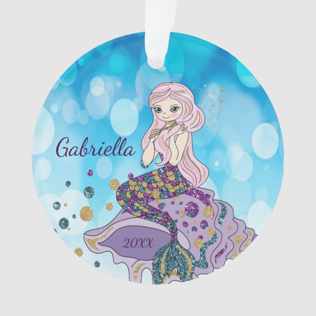 Personalized Magical Glitter Mermaid Ornament (Front)