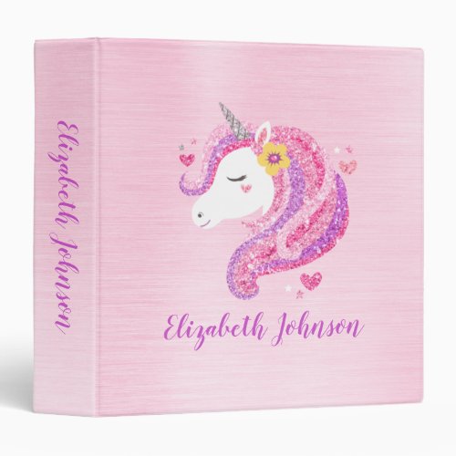 Personalized Magical Pink Glitter Unicorn Face  3 Ring Binder