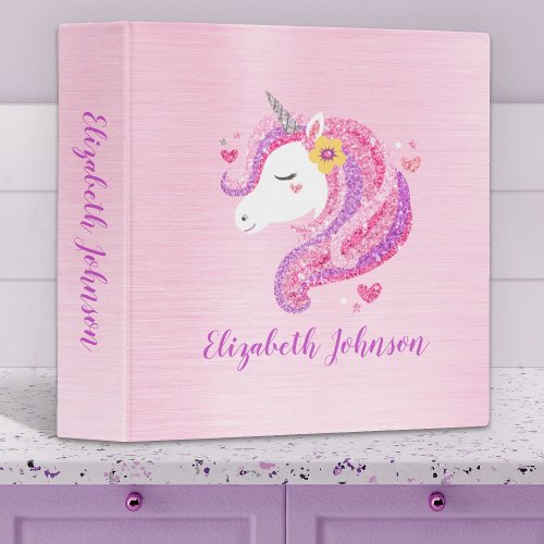 Personalized Magical Pink Glitter Unicorn Face  3 Ring Binder
