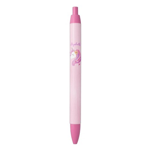 Personalized Magical Pink Glitter Unicorn Face  Black Ink Pen