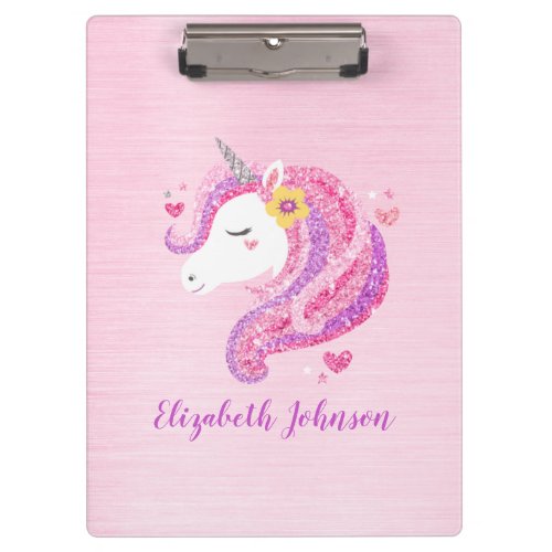 Personalized Magical Pink Glitter Unicorn Face  Clipboard