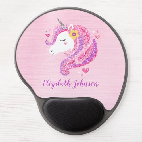 Personalized Magical Pink Glitter Unicorn Face  Gel Mouse Pad