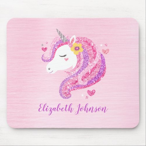 Personalized Magical Pink Glitter Unicorn Face  Mouse Pad