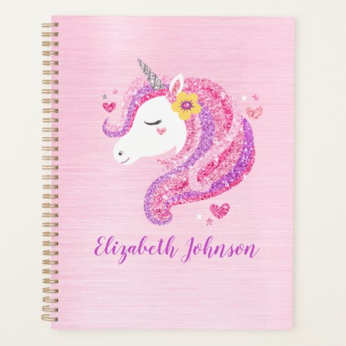Personalized Magical Pink Glitter Unicorn Face  Planner