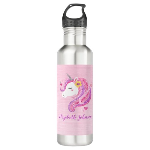 Personalized Magical Pink Glitter Unicorn Face  Stainless Steel Water Bottle