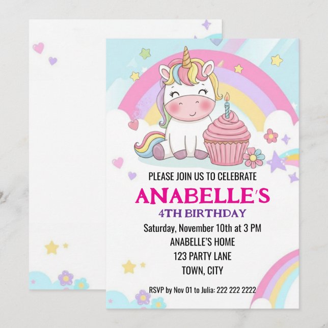 Personalized Magical Rainbow Unicorn Birthday  Invitation (Front/Back)