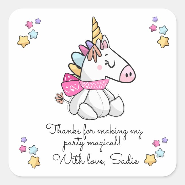 Personalized Magical Stuffed Unicorn Thank You Square Sticker (Front)