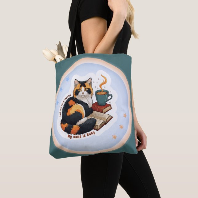 Personalized Magical Teal Calico Cat Bookworm Tote Bag (Close Up)