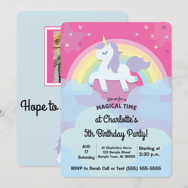 Personalized Magical Unicorn Birthday with Photo Invitation (Front/Back)