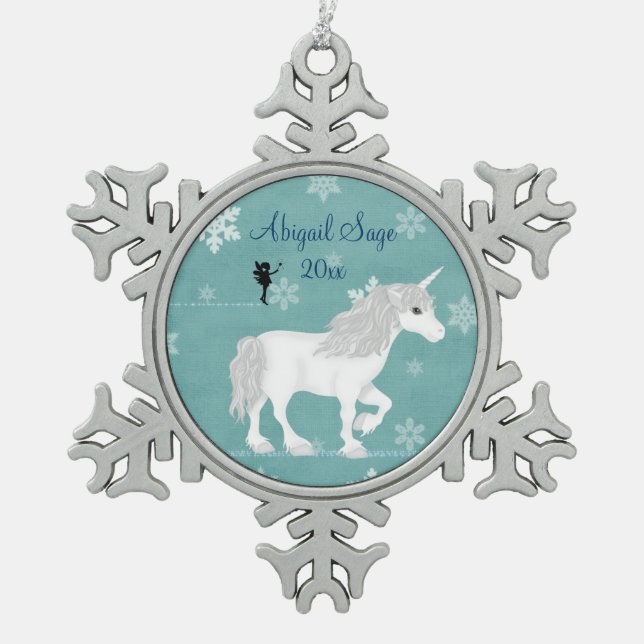 Personalized Magical White Unicorn and Fairy Snowflake Pewter Christmas Ornament (Front)