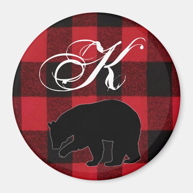 Personalized Magnet Red Buffalo Plaid Bear Black (Front)