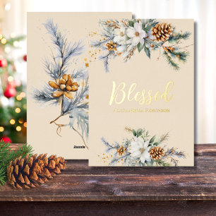 Personalized Magnolia and Pinecones Blessed Foil Holiday Card