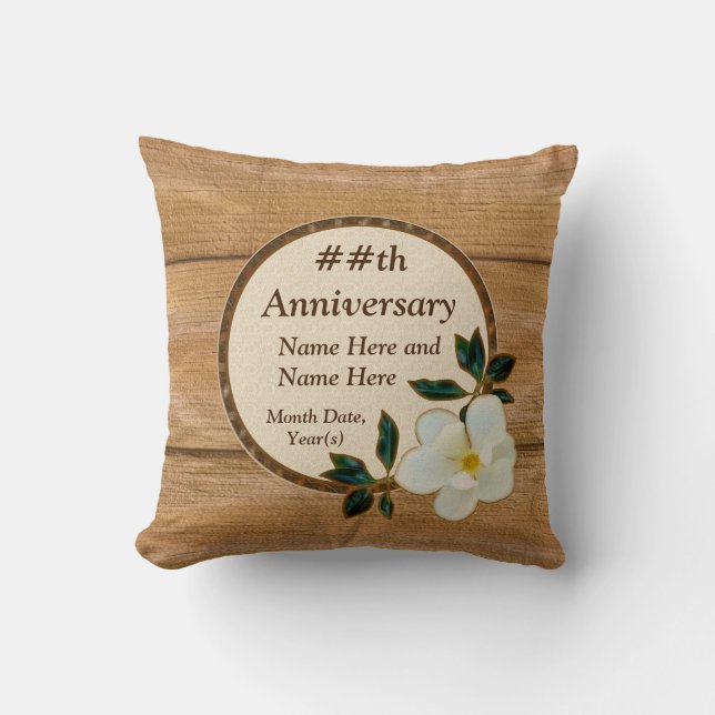 Personalized Magnolia and Wood Anniversary Pillows (Front)