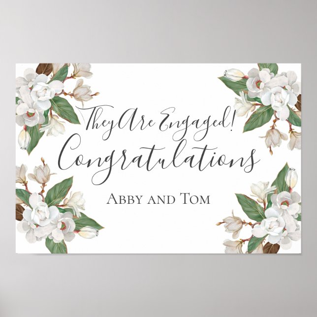 Personalized Magnolia Floral Botanical Engagement Poster (Front)