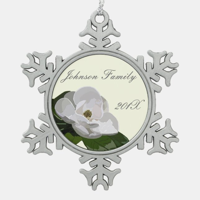Personalized Magnolia Flower Christmas Snowflake Pewter Christmas Ornament (Front)