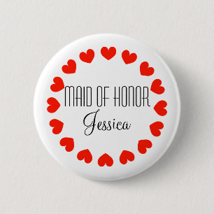 Personalized maid of honor buttons with red hearts