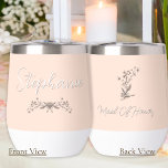 Personalized Maid of Honor Elegant Script Wedding Thermal Wine Tumbler<br><div class="desc">This soft peach and white tumbler has a beautiful script font for the name of your Maid of Honor with sagebrush accents below it on the front and a watercolor wildflower sprig on the back above her title "Maid of Honor" elevating that Rustic feel with a touch of Elegance! Personalize...</div>
