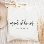 Personalized Maid of Honor Handwriting Script Tote Bag<br><div class="desc">This simple,  elegant tote bag features the words "maid of honor" in charcoal gray handwriting script. Personalize it with her name in sans serif font. Makes a perfect bridesmaid gift!</div>